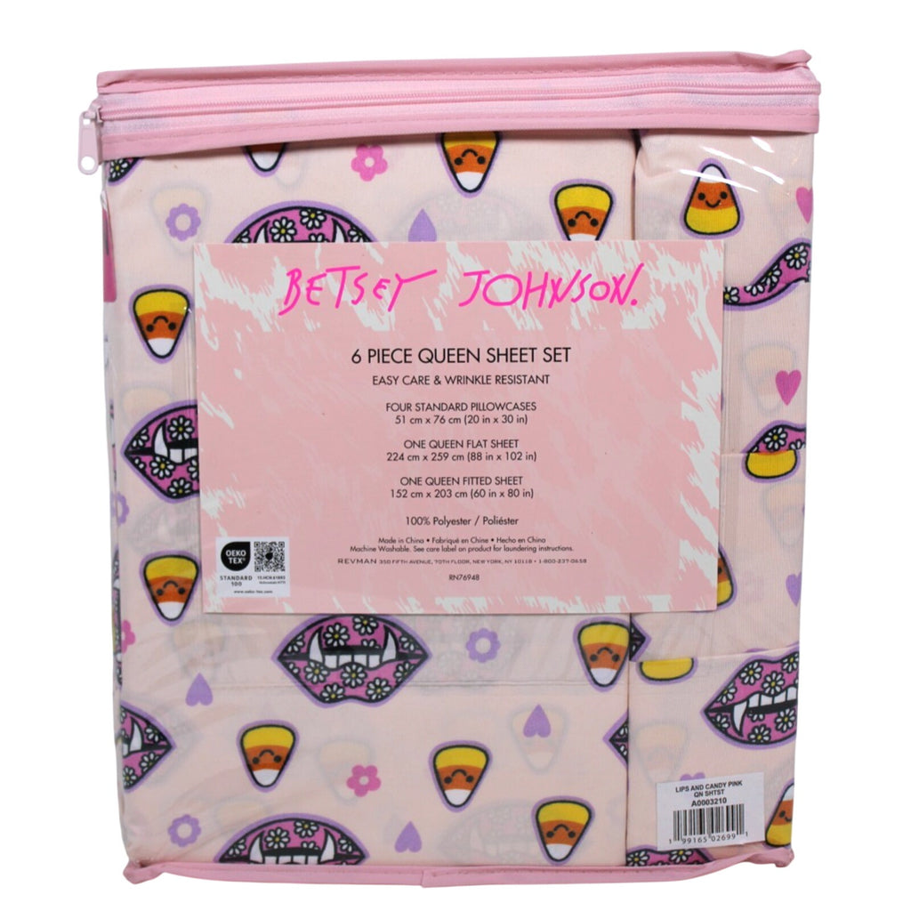 Betsey Johnson 6 Piece Pink - Candy Corn Hearts Fangs QUEEN Sheet Set Halloween