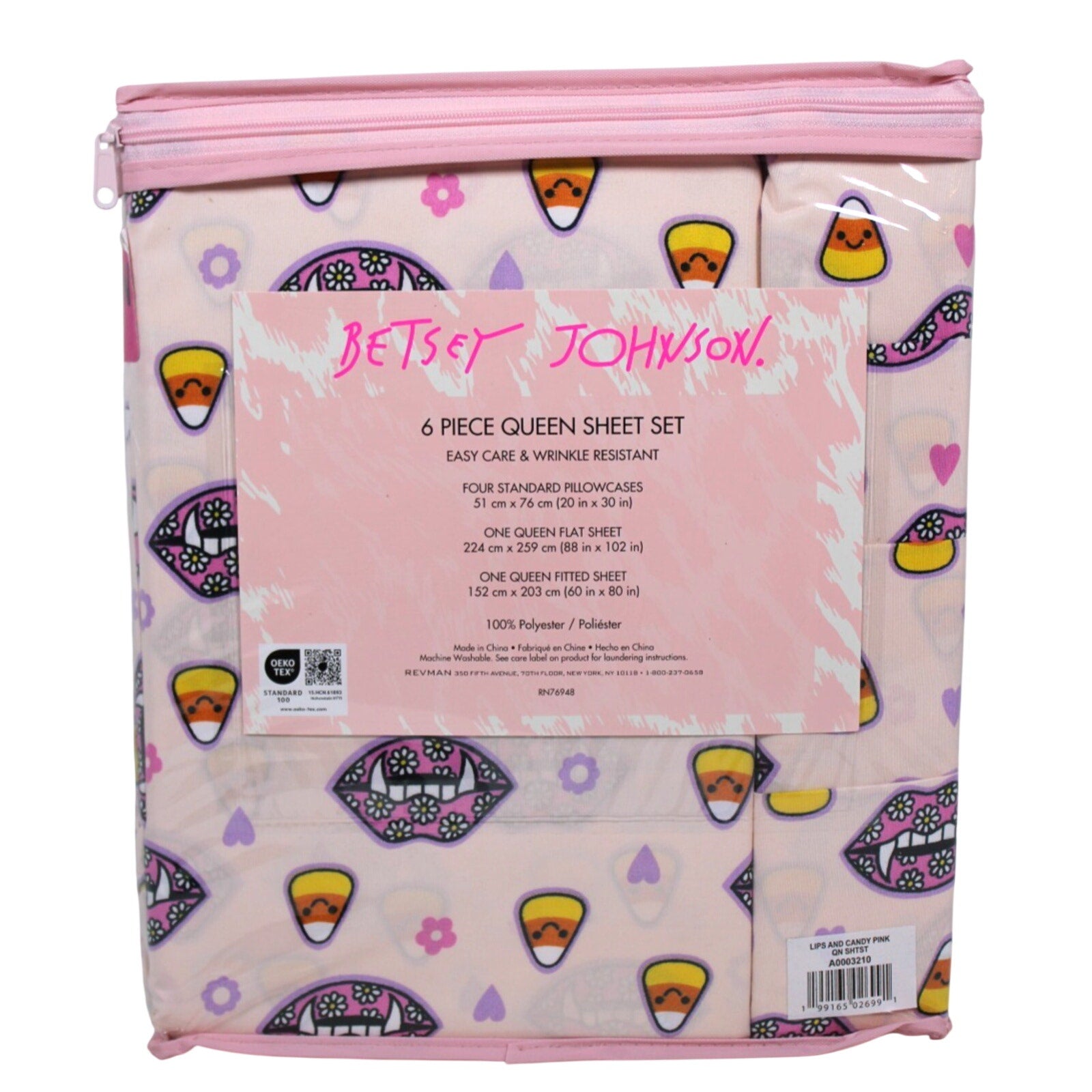 Betsey Johnson 6 Piece Pink - Candy Corn Hearts Fangs QUEEN Sheet Set Halloween