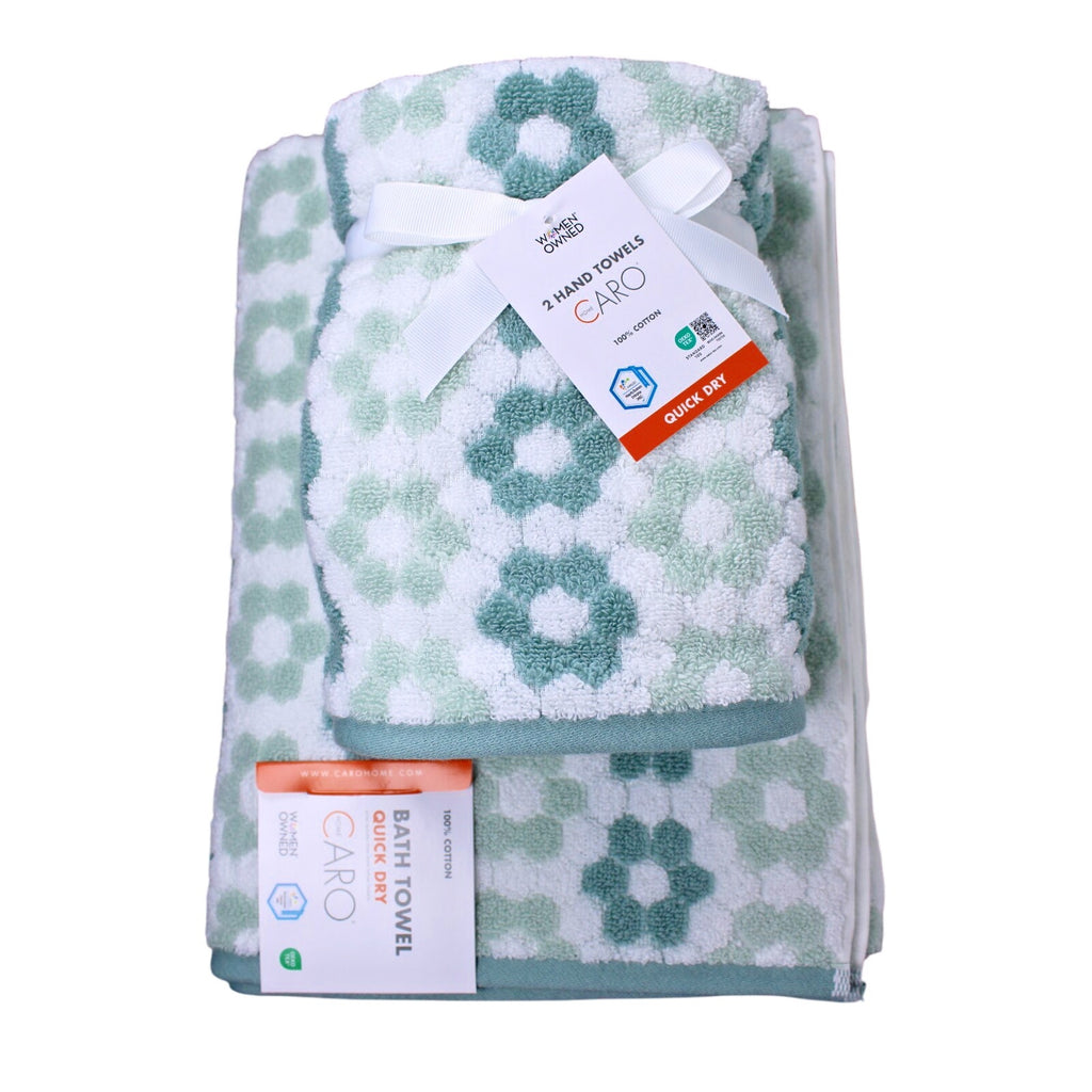 4pc CARO Home (2) Bath (2) Hand Towels Dark Sage, Daisies 100% Cotton, Quick Dry
