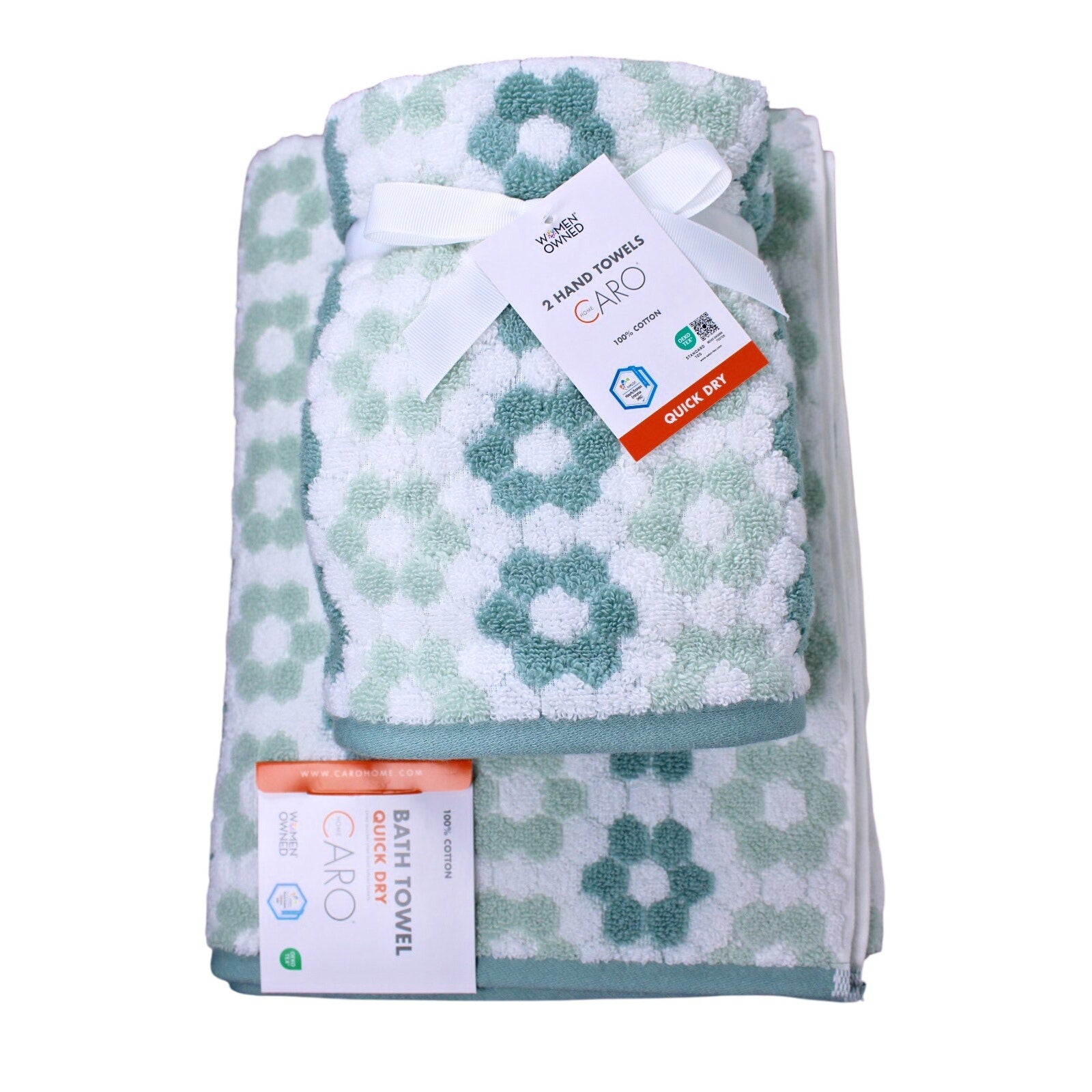 4pc CARO Home (2) Bath (2) Hand Towels Dark Sage, Daisies 100% Cotton, Quick Dry