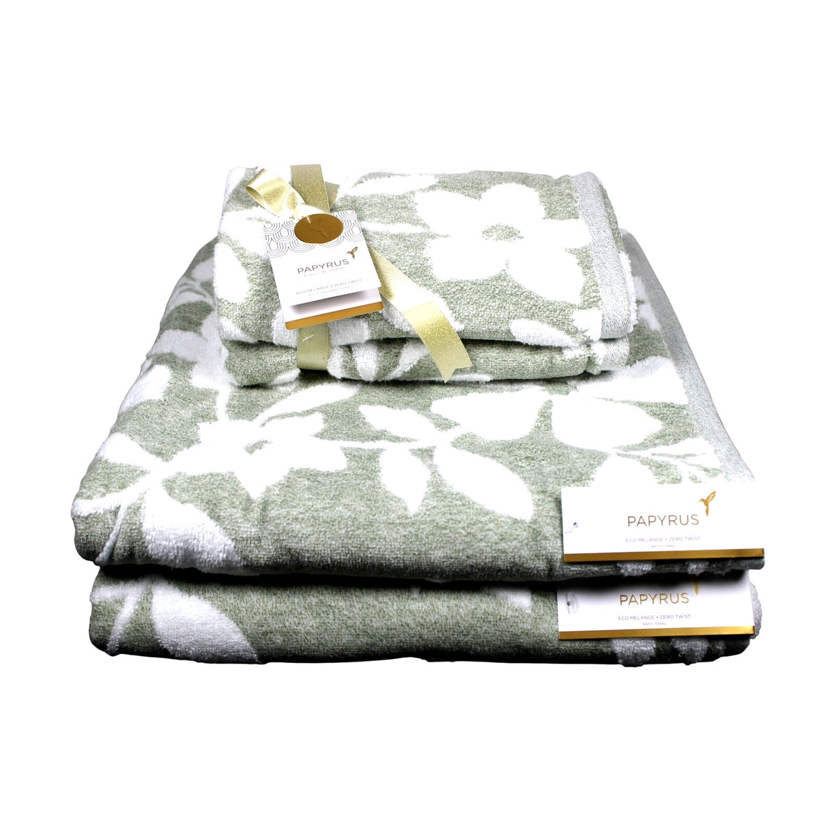 Papyrus 4 pc Bath & Hand Towel Set Green White Floral Soft Cotton Velour - NEW