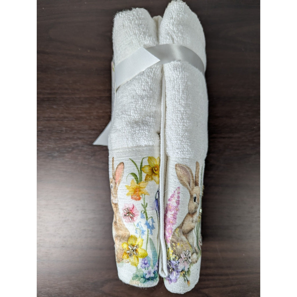Happy Easter Spring Beaded Bunny Floral Hand Towels Set of 2, 16x28" 100% Cotton
