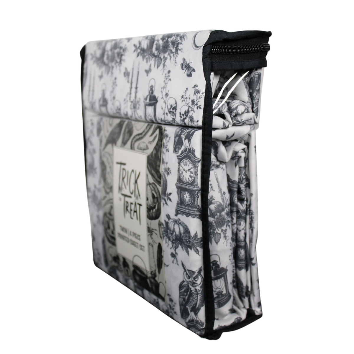 Halloween TWIN 4pc Sheets Set White Black Skulls Pumpkin Crow Owl Clock Poison
