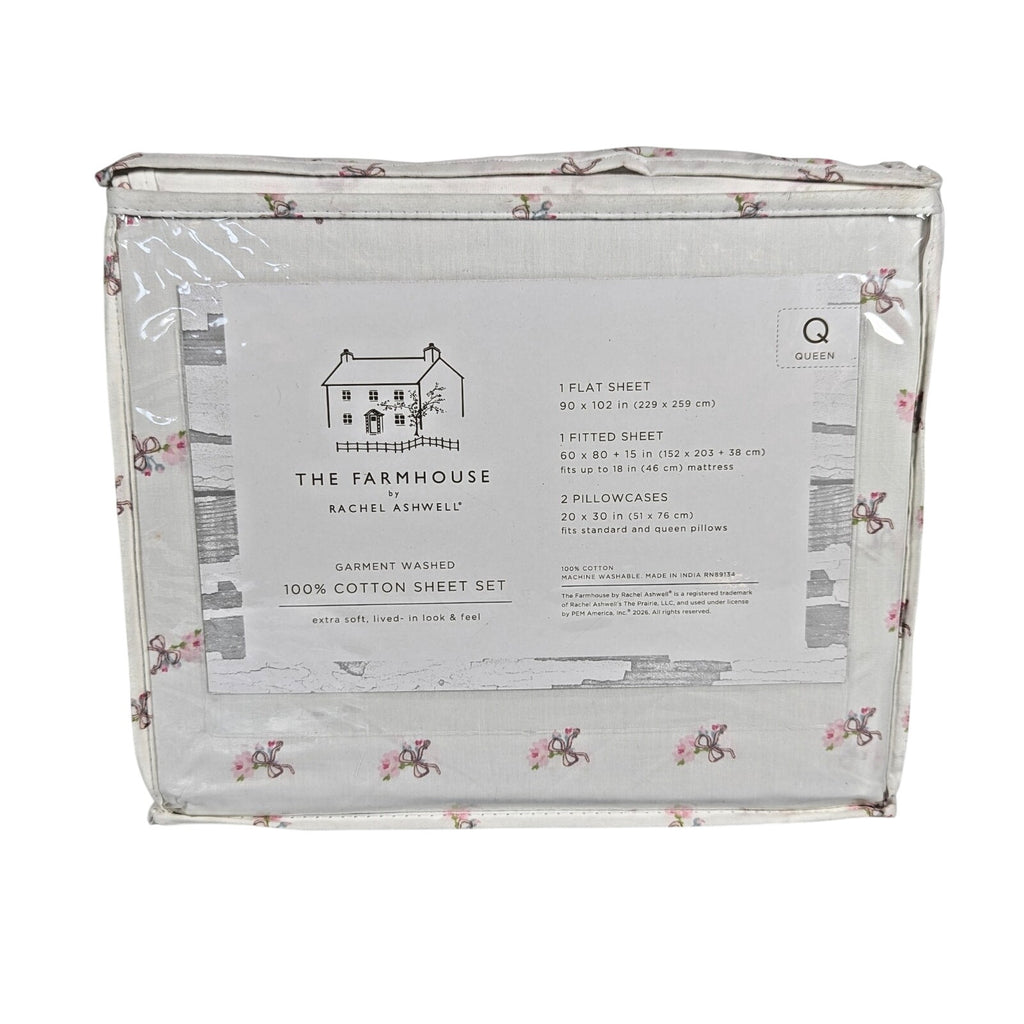 The Farmhouse Rachel Ashwell Pink Rose, Bows, Floral Queen Sheet Set, NEW
