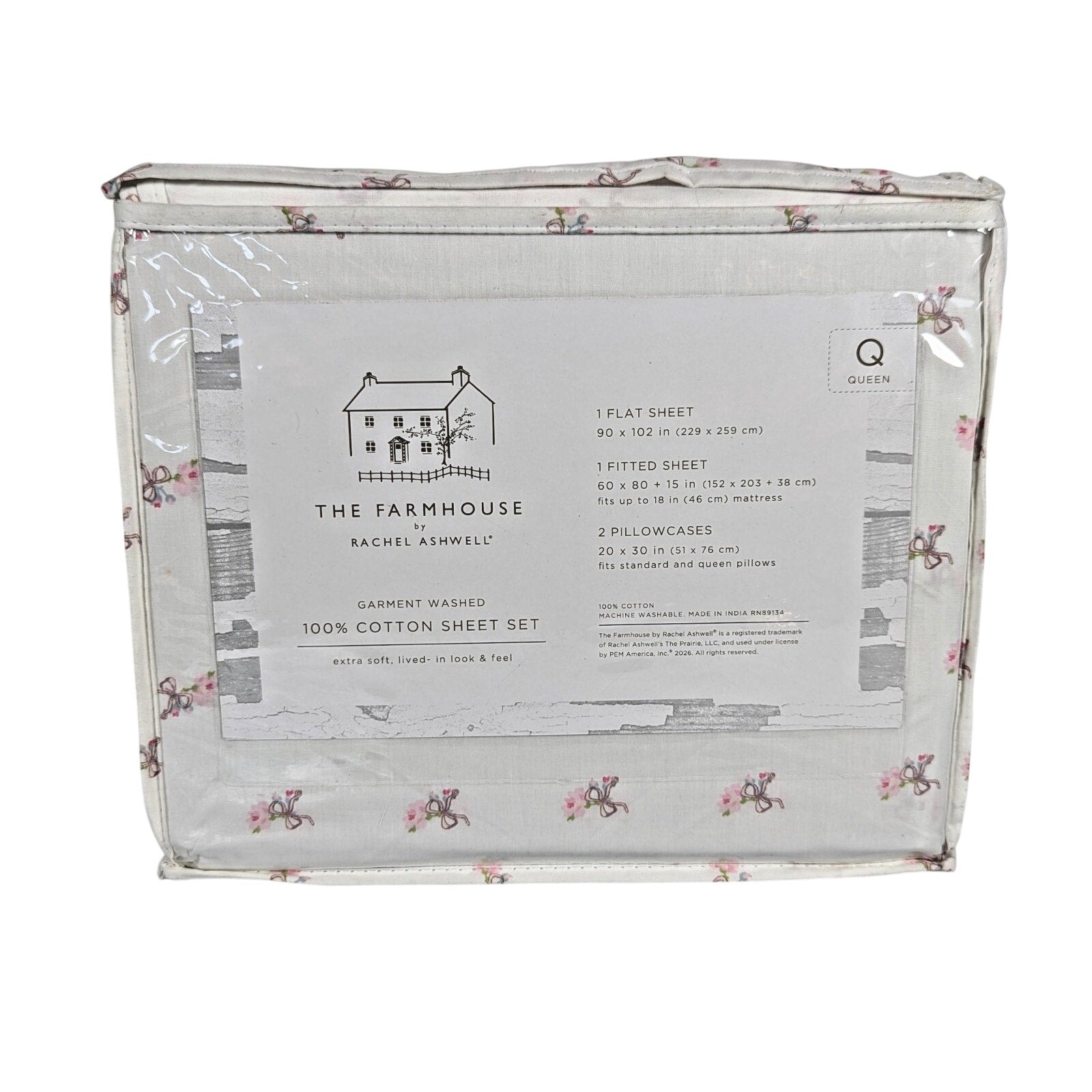 The Farmhouse Rachel Ashwell Pink Rose, Bows, Floral Queen Sheet Set, NEW