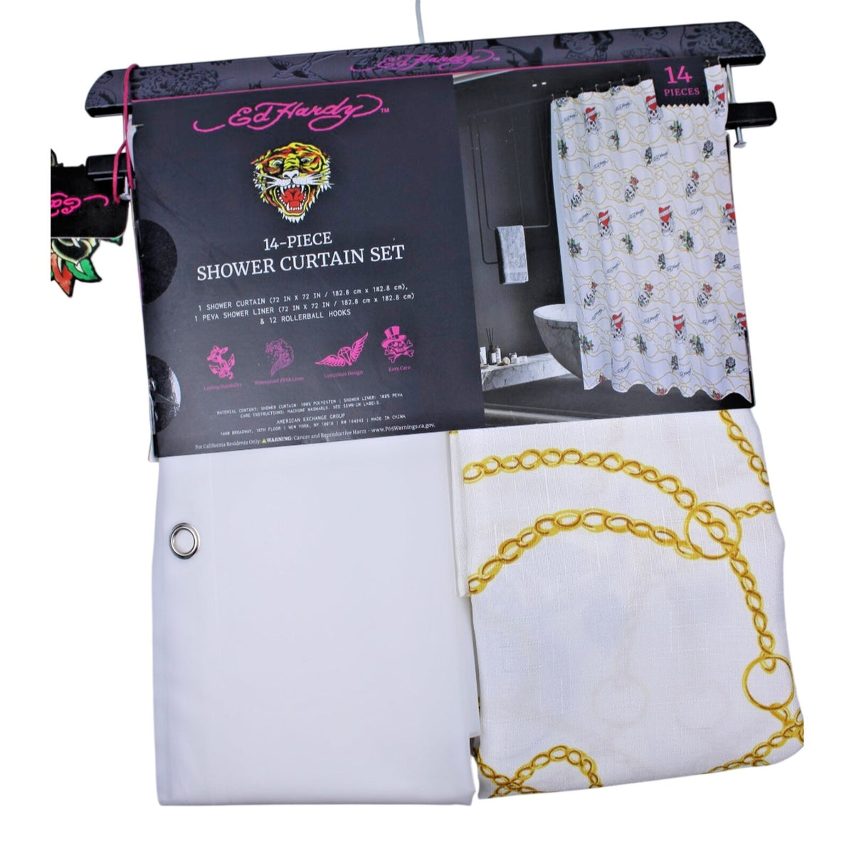 Ed Hardy 14 Piece Shower Curtain Set, White With Gold Chain and Skulls, NWT