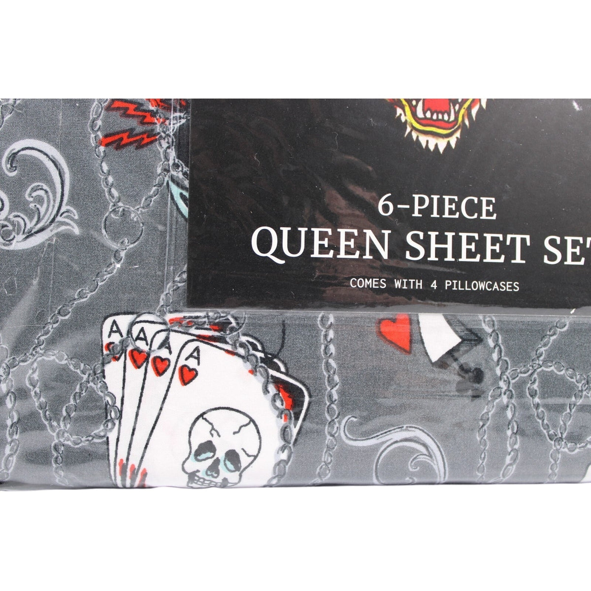 Ed Hardy 6 piece Queen Sheet Set Grey w/Cards &Tattoo Print with 4 Pillowcases