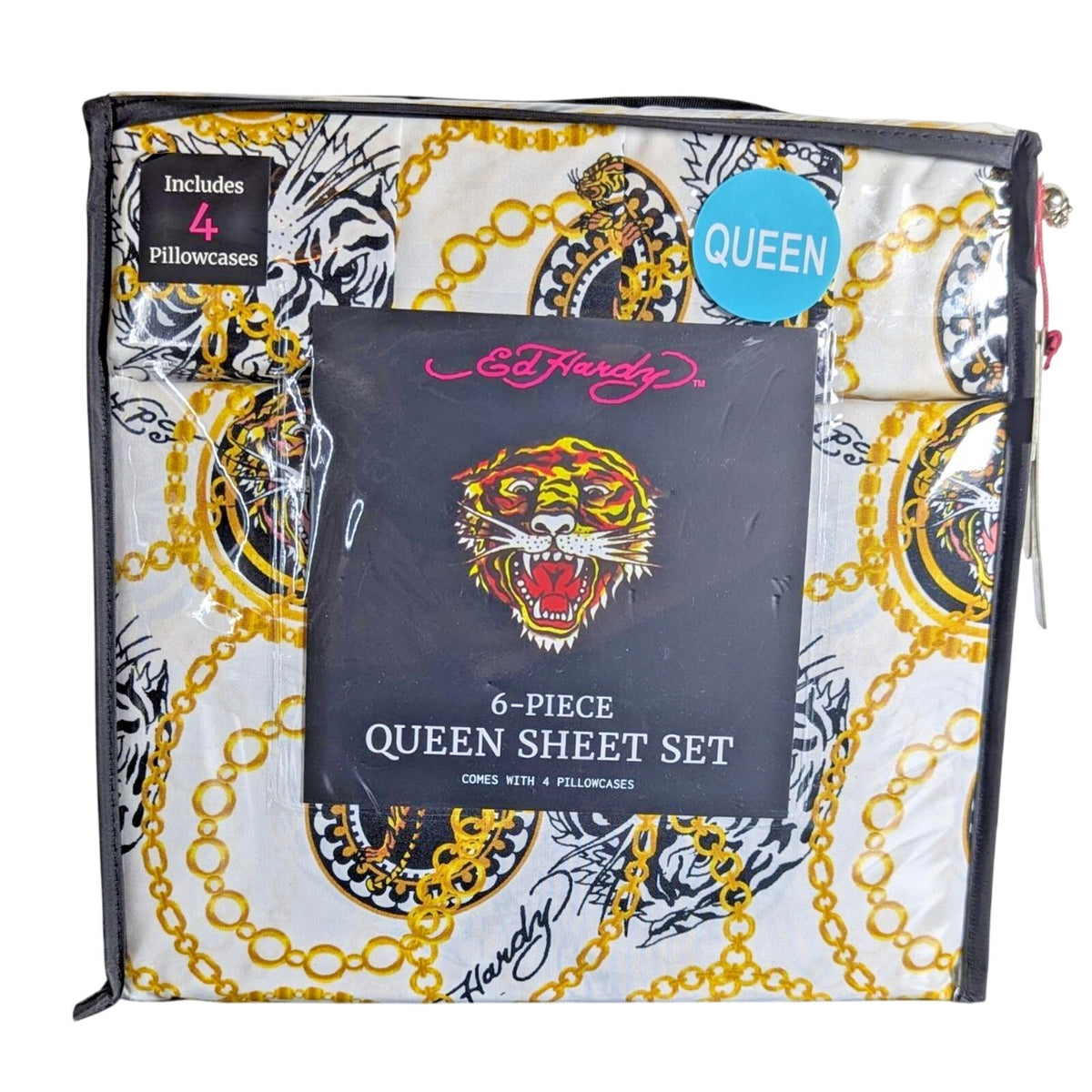 Ed Hardy 6 pc Queen Sheet Set, Tiger, Gold Chain, Tattoo Print w/4 Pillowcases