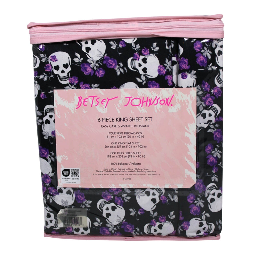 Betsey Johnson Skull Purple Roses 6PC King Sheet Set New