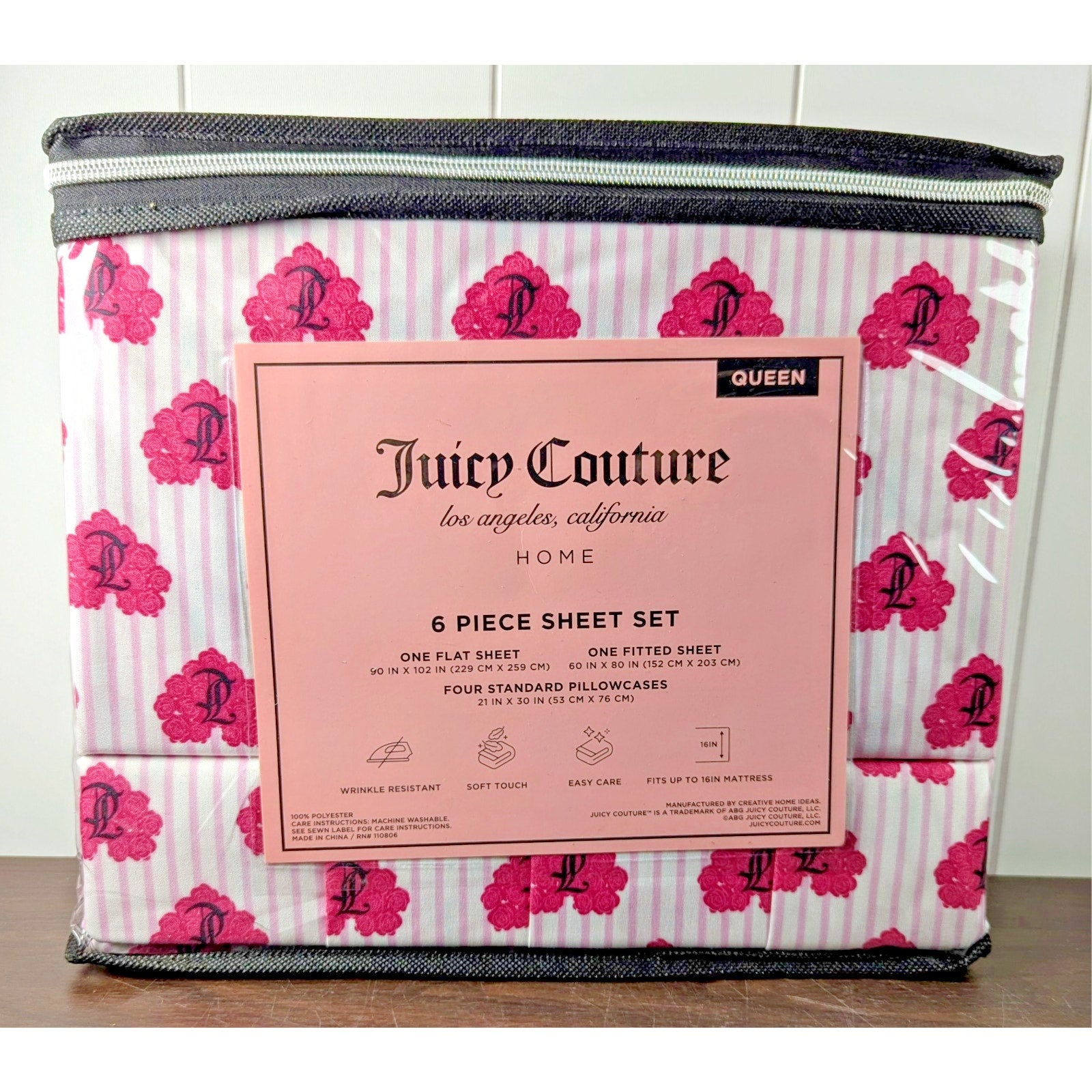 Juicy Couture Queen 6pc Sheet Set, Juicy Monogram, Rose Hearts & Pink Lines