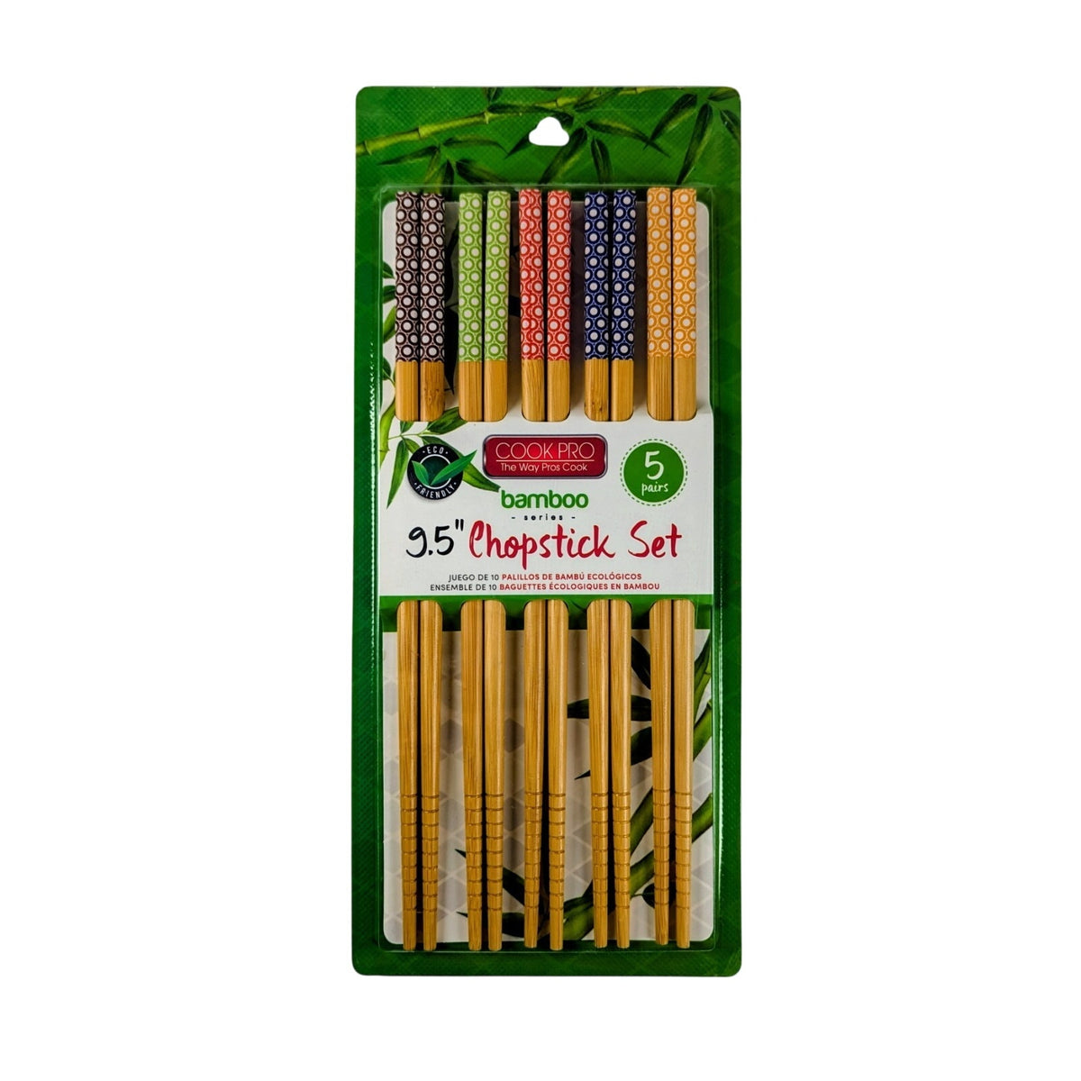 Cook Pro White Dots Bamboo Chopsticks 5 Pack Set 9.5” Natural