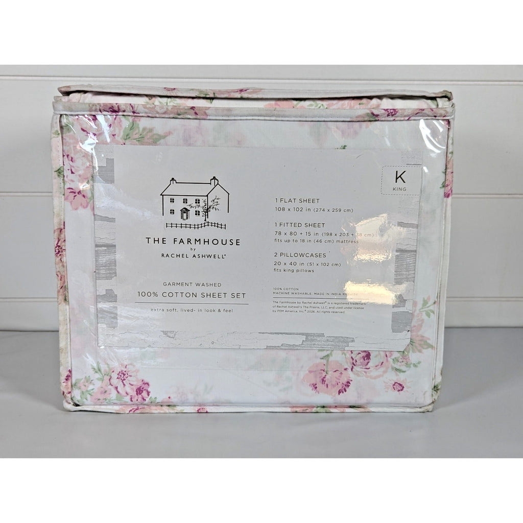 The Farmhouse Rachel Ashwell KING Sheet Set Pink Floral Cotton Shabby Chic 4pcs