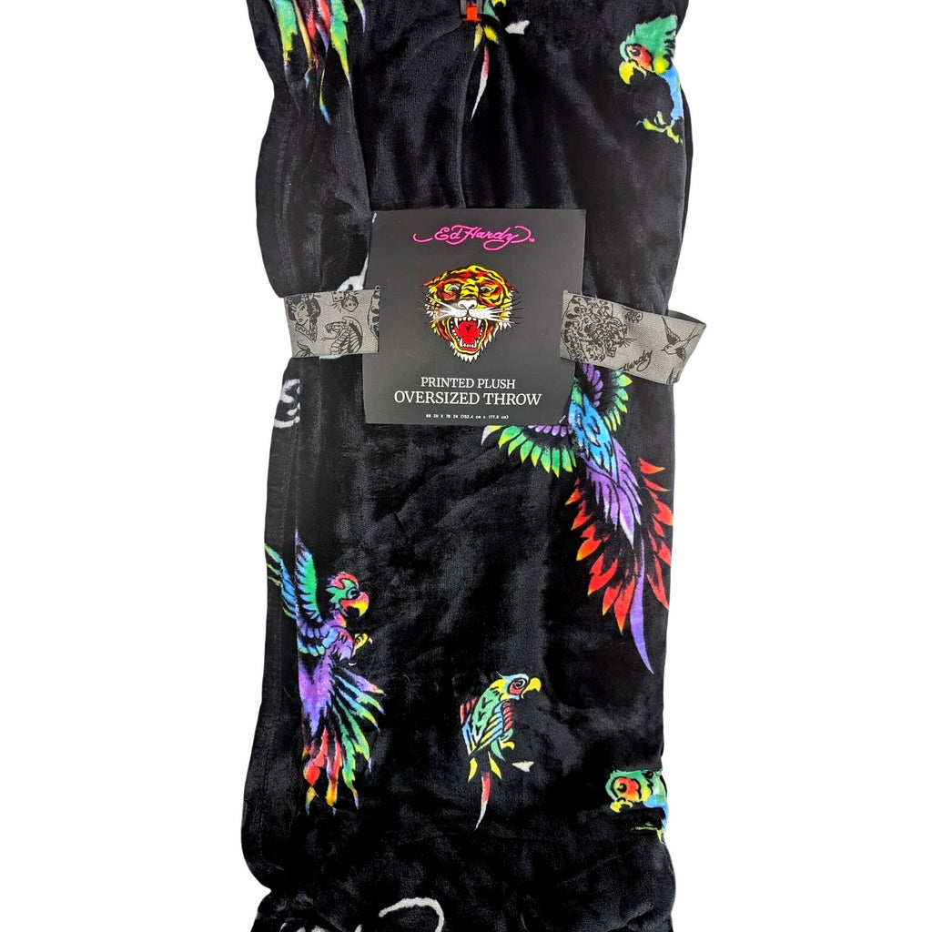 Ed Hardy Printed Plush Oversized Throw Blanket Black Parrot Tattoo Art 60x70 NEW