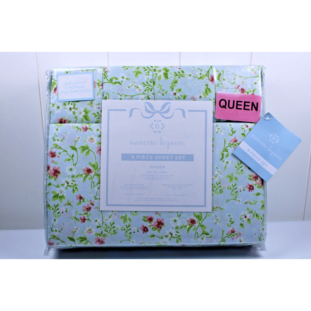 Nanette Lepore Queen 6 Piece Sheet Set Green, Pink Floral, 2 bonus pillowcases