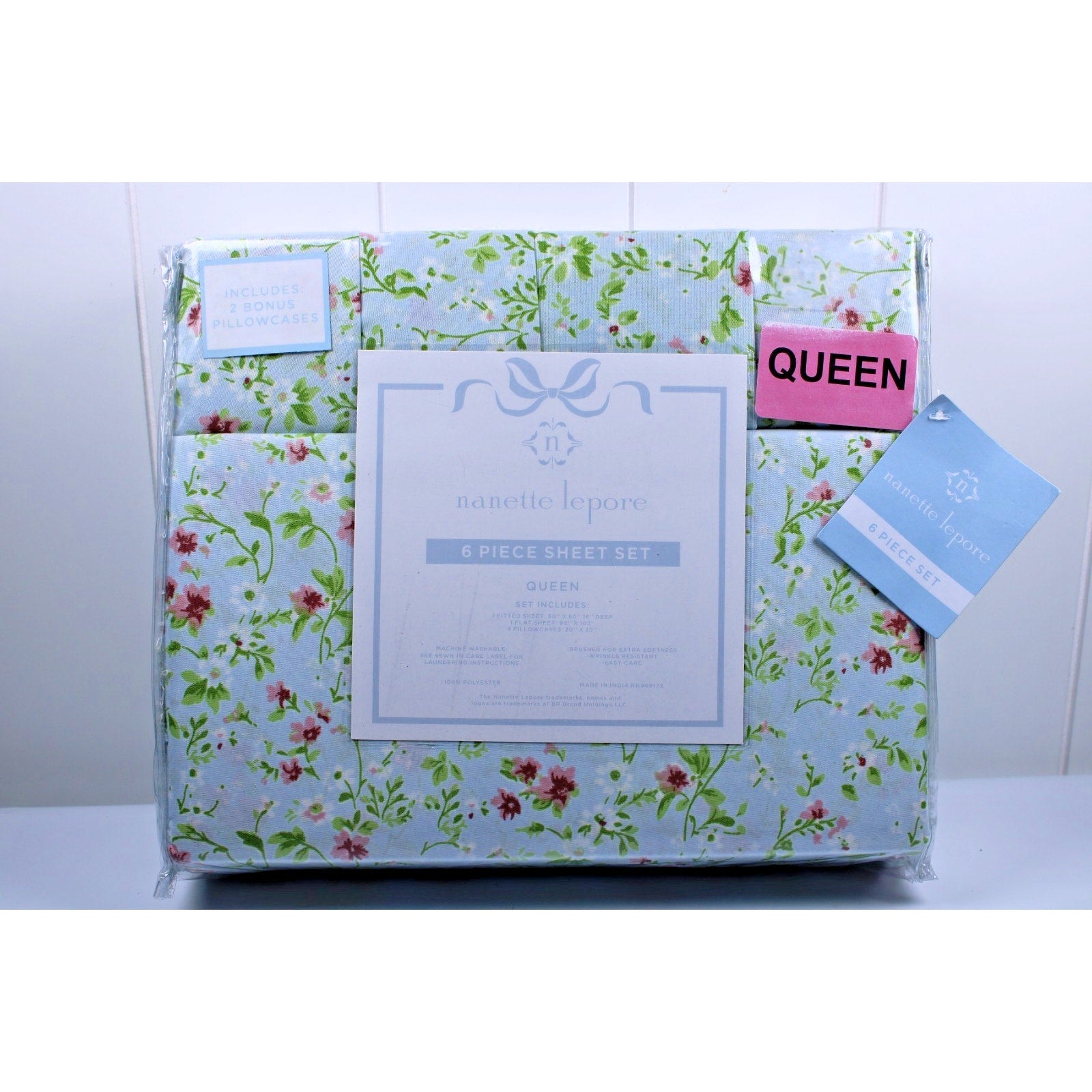 Nanette Lepore Queen 6 Piece Sheet Set Green, Pink Floral, 2 bonus pillowcases