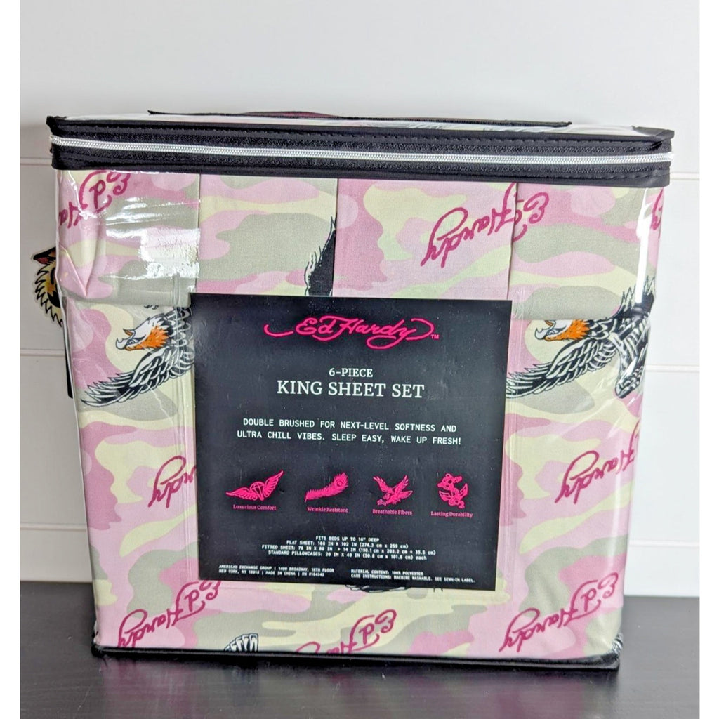 Ed Hardy 6-pc King Sheet Set w/4 Pillowcases Eagle, Black Tiger - NEW