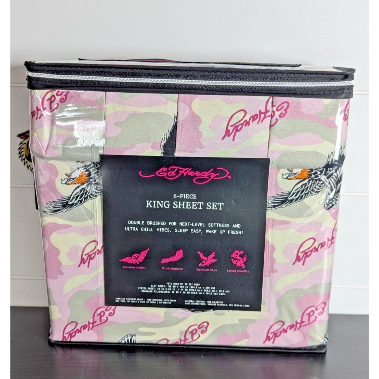 Ed Hardy 6-pc King Sheet Set w/4 Pillowcases Eagle, Black Tiger - NEW