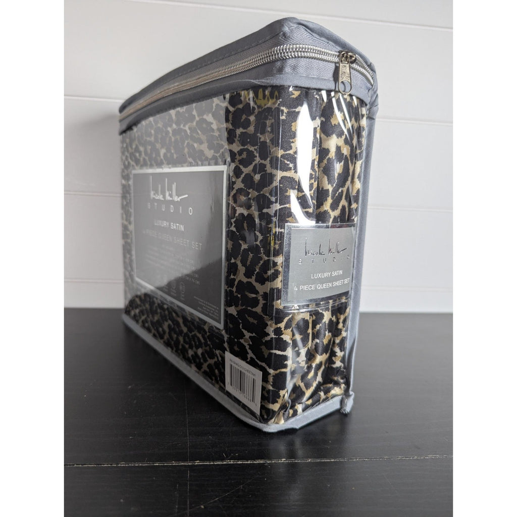 Nicole Miller Studio Luxury Satin Queen Sheet Set 4 Pc Leopard Cheetah - New