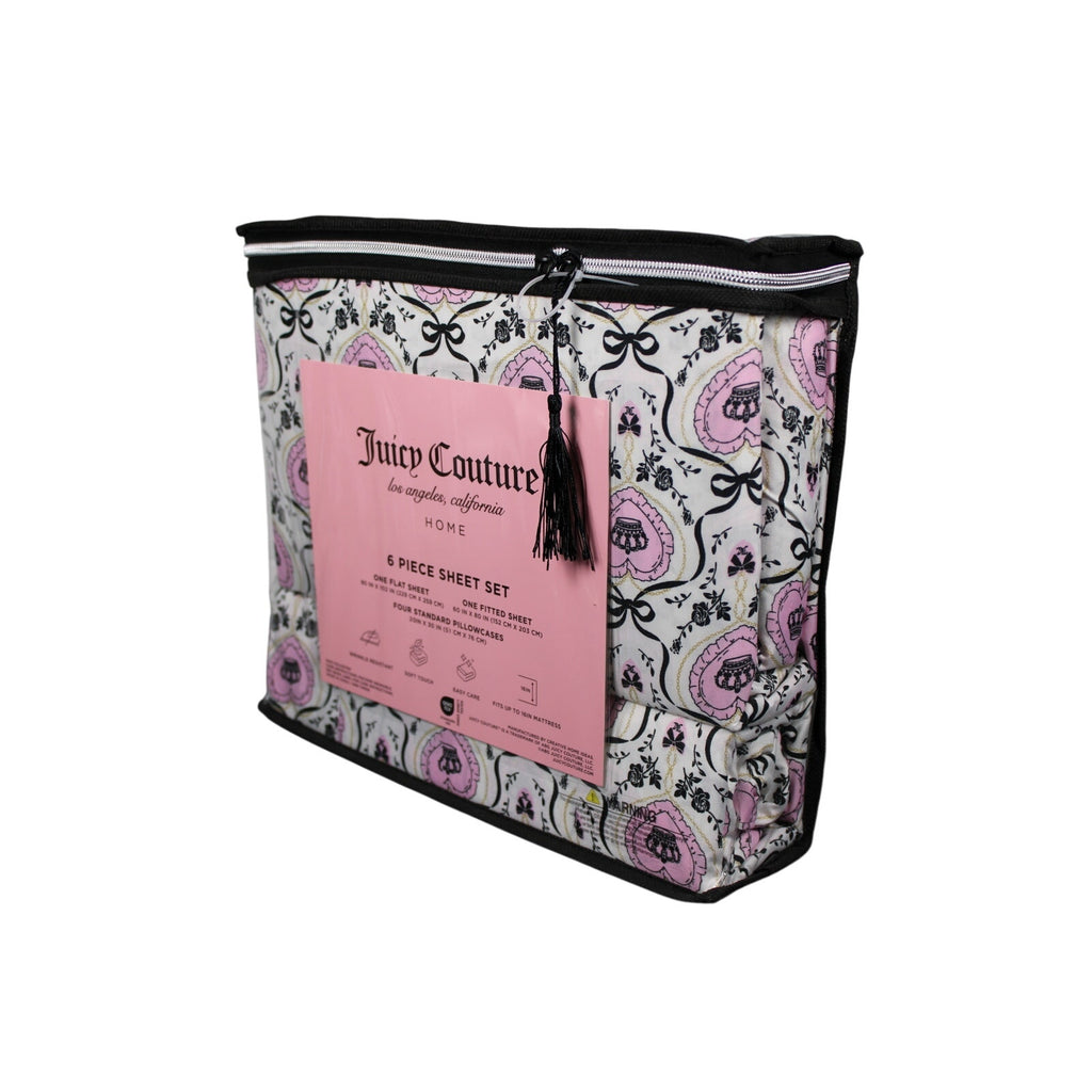 Juicy Couture Queen Sheet Set 6 Piece Black Crown Black Roses, Bows, Logos - NEW