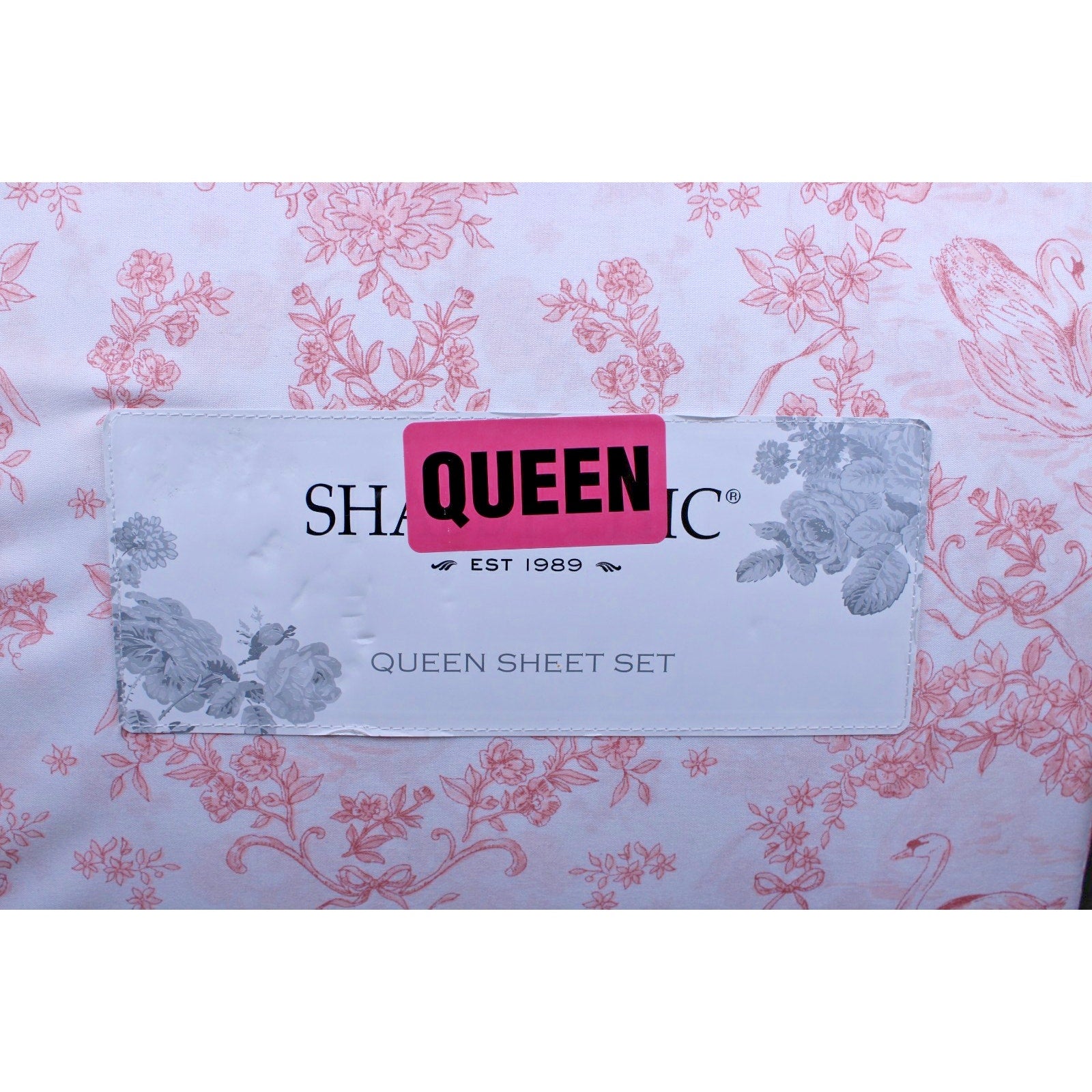 Shabby Chic Queen Sheet Set Swan Floral Coral Pink White Toile Vintage Inspired