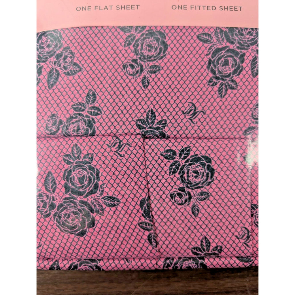 Juicy Couture Queen Size 6 pc Black Rose Fishnet Pink Bedding Sheet Set
