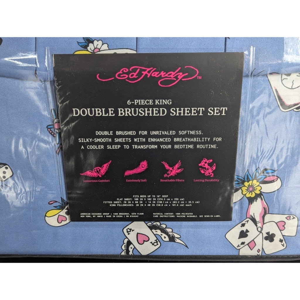 Ed Hardy 6-pc King Sheet Set w/4 Pillowcases, Playing Cards, Dice, Hearts NEW