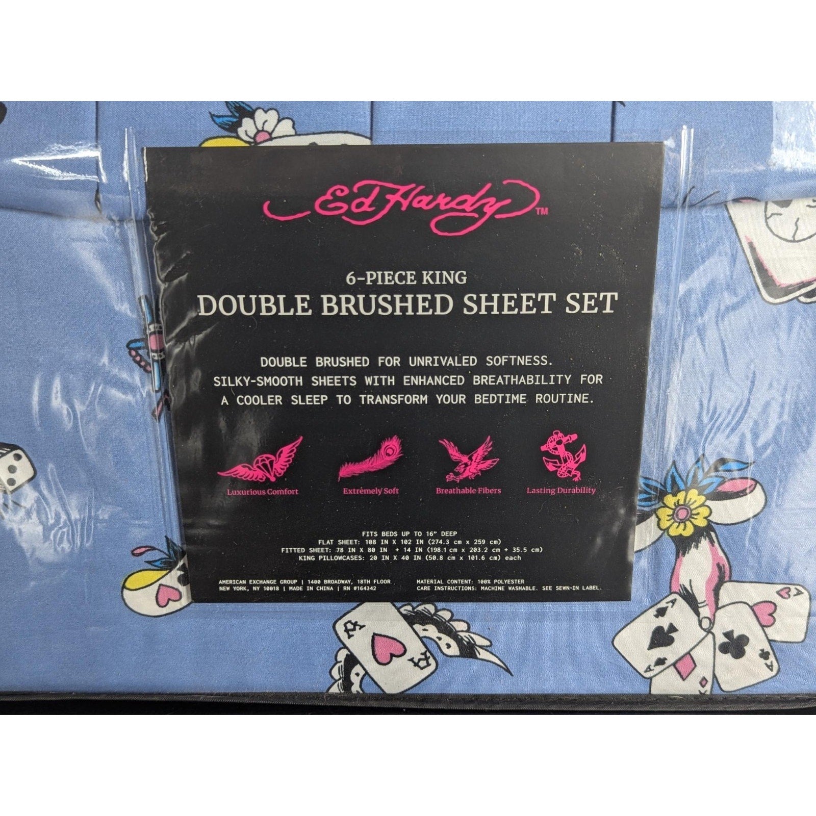 Ed Hardy 6-pc King Sheet Set w/4 Pillowcases, Playing Cards, Dice, Hearts NEW