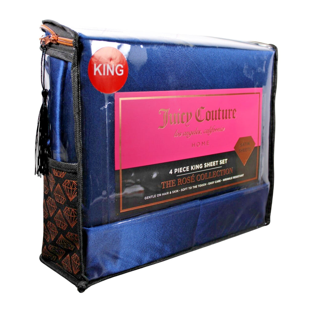 Juicy Couture Royal Blue Satin 4pc KING Sheet Set Easy Care Soft Sleek Smooth