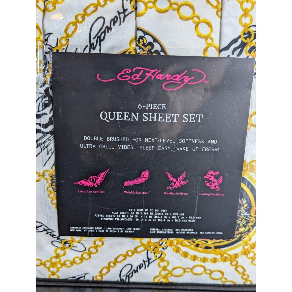 Ed Hardy 6 pc Queen Sheet Set, Tiger, Gold Chain, Tattoo Print w/4 Pillowcases
