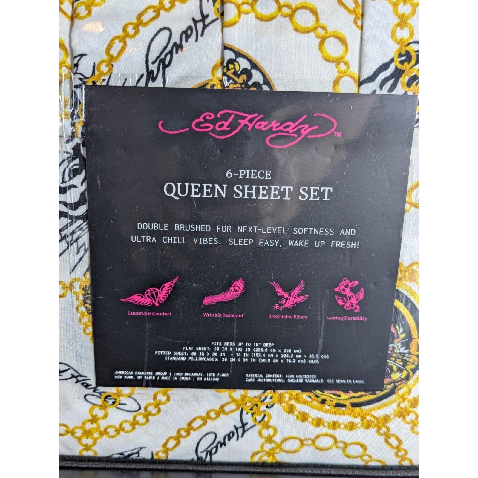 Ed Hardy 6 pc Queen Sheet Set, Tiger, Gold Chain, Tattoo Print w/4 Pillowcases