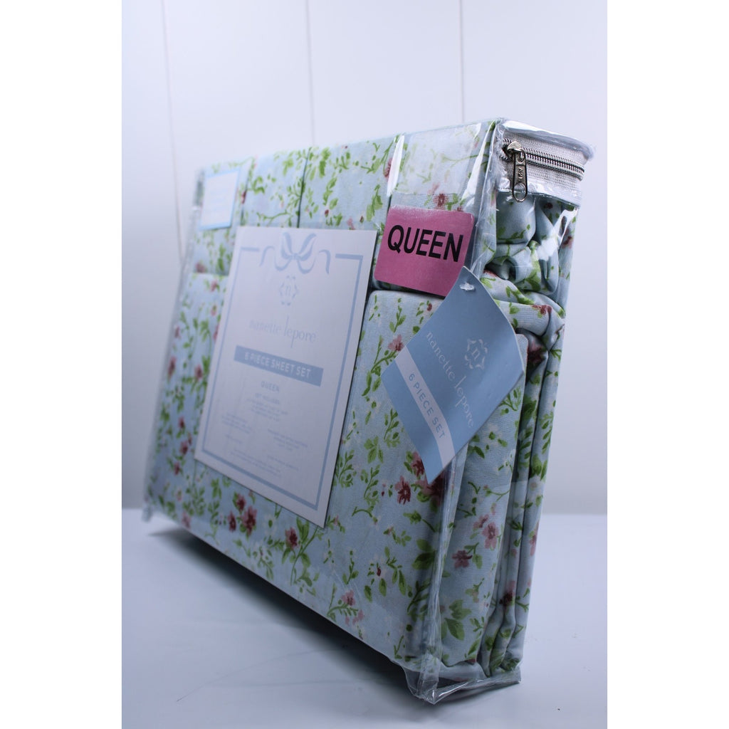 Nanette Lepore Queen 6 Piece Sheet Set Green, Pink Floral, 2 bonus pillowcases