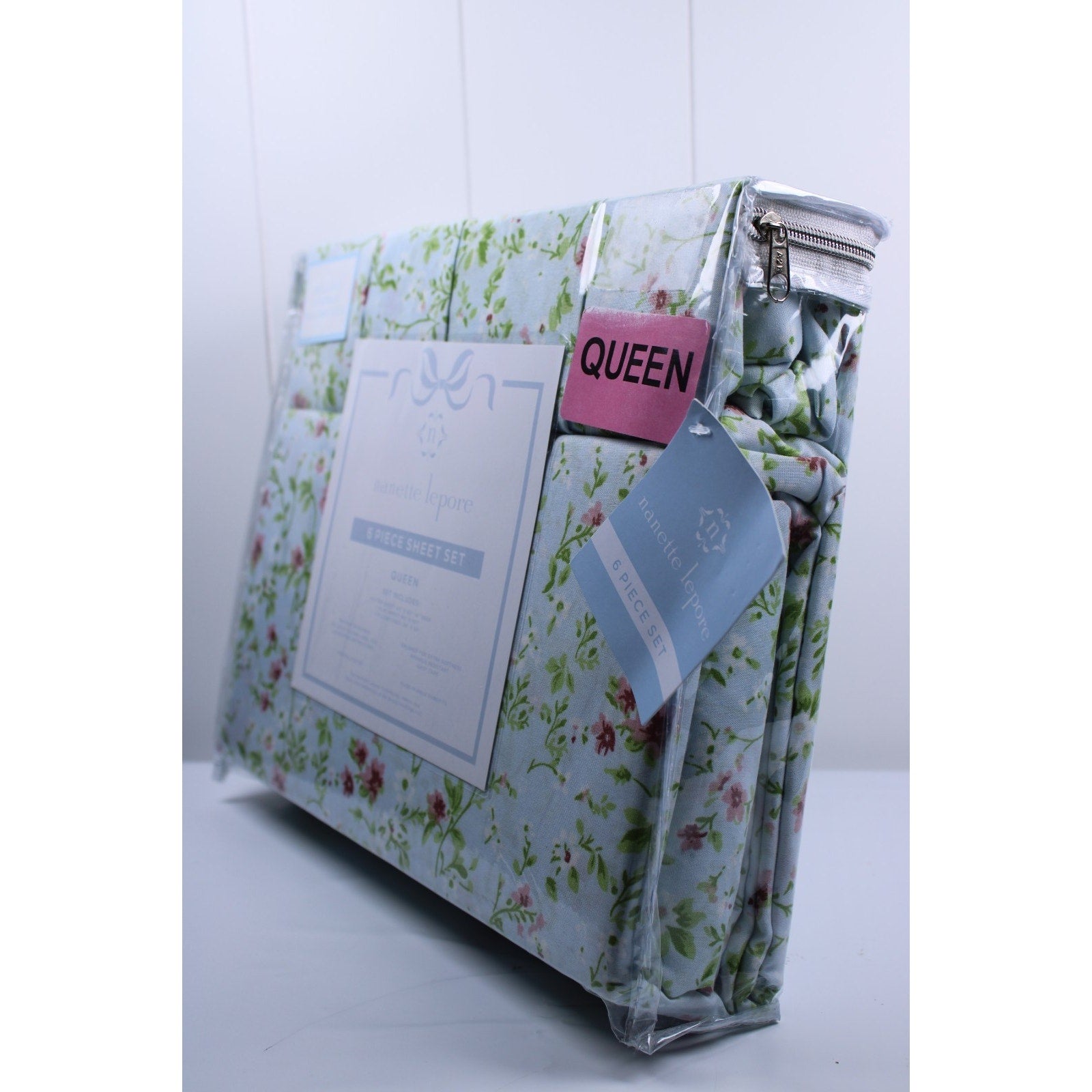 Nanette Lepore Queen 6 Piece Sheet Set Green, Pink Floral, 2 bonus pillowcases