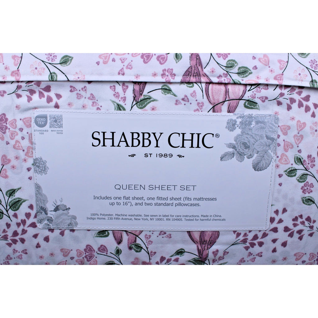 Shabby Chic Farmhouse Cottage Queen Sheet Set Pink and Mauve Lovebirds & Hearts