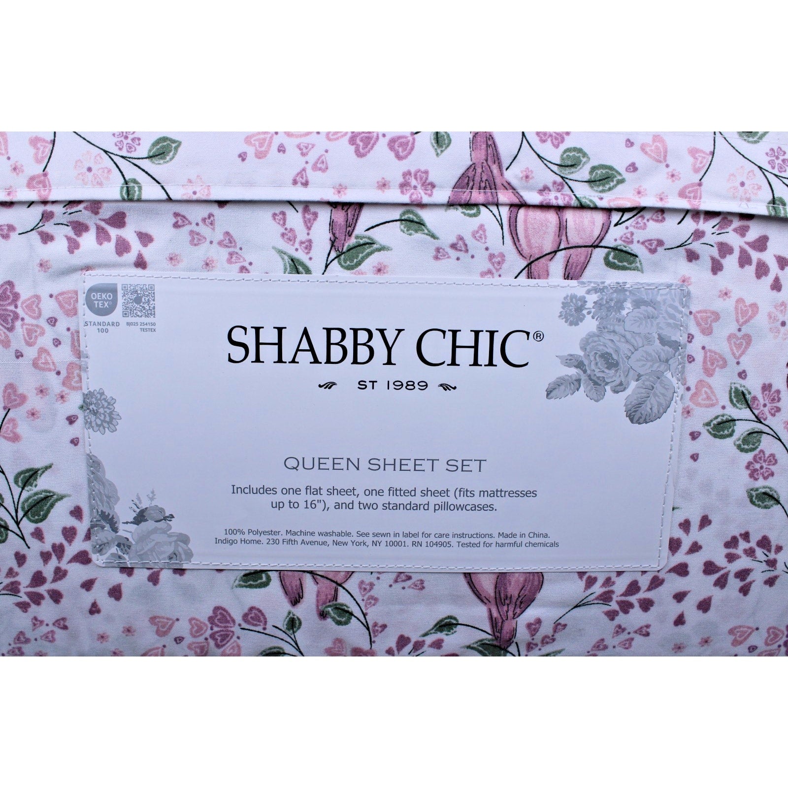 Shabby Chic Farmhouse Cottage Queen Sheet Set Pink and Mauve Lovebirds & Hearts