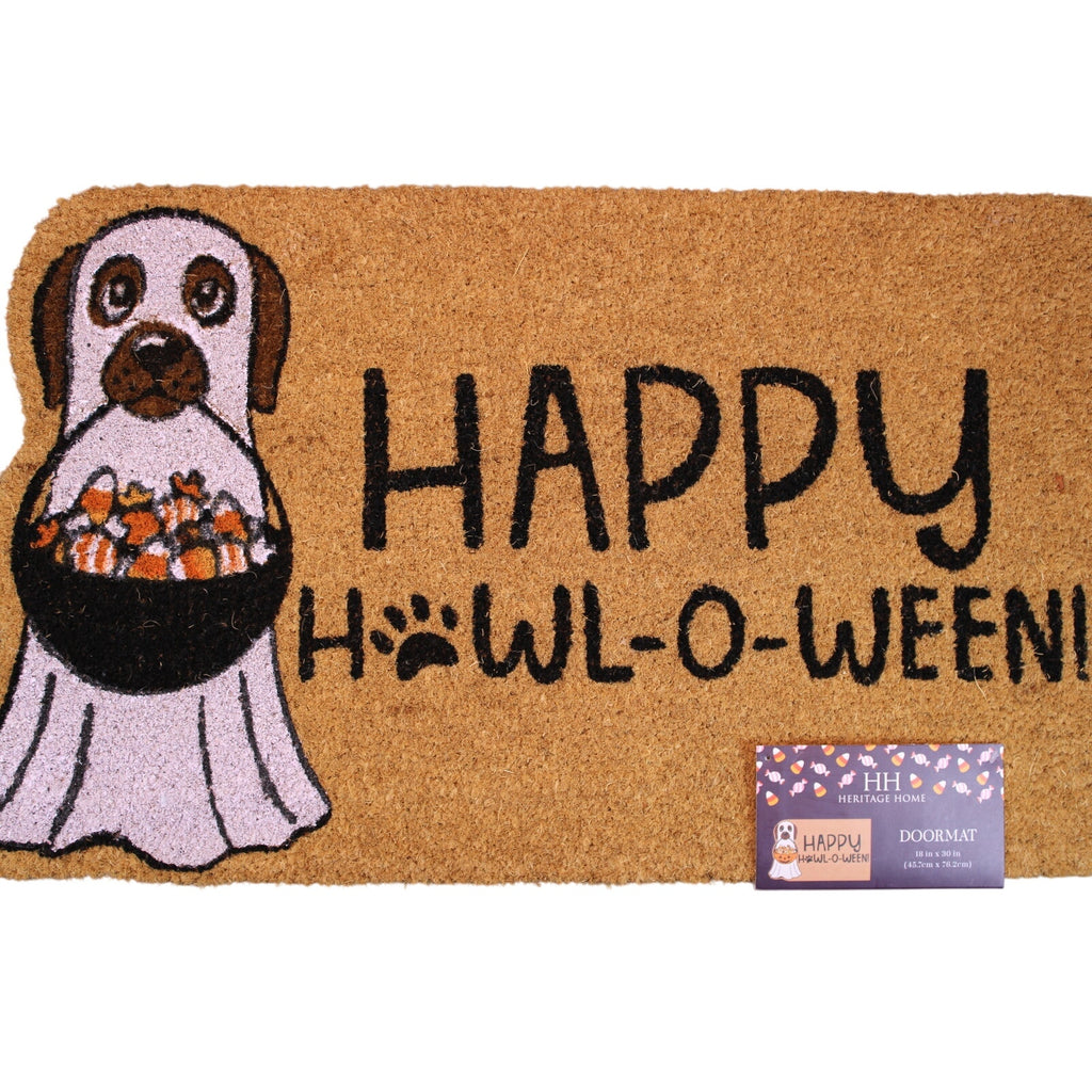 Heritage Home Dog Ghost Costume Happy Halloween Coir Doormat 18"x30" Non-Slip