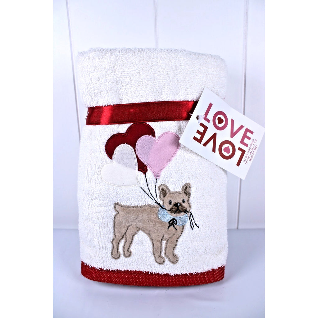 Set of 2 Hand Towels Bull Dog Valentine’s Day Love Heart Balloons Made in Turkey