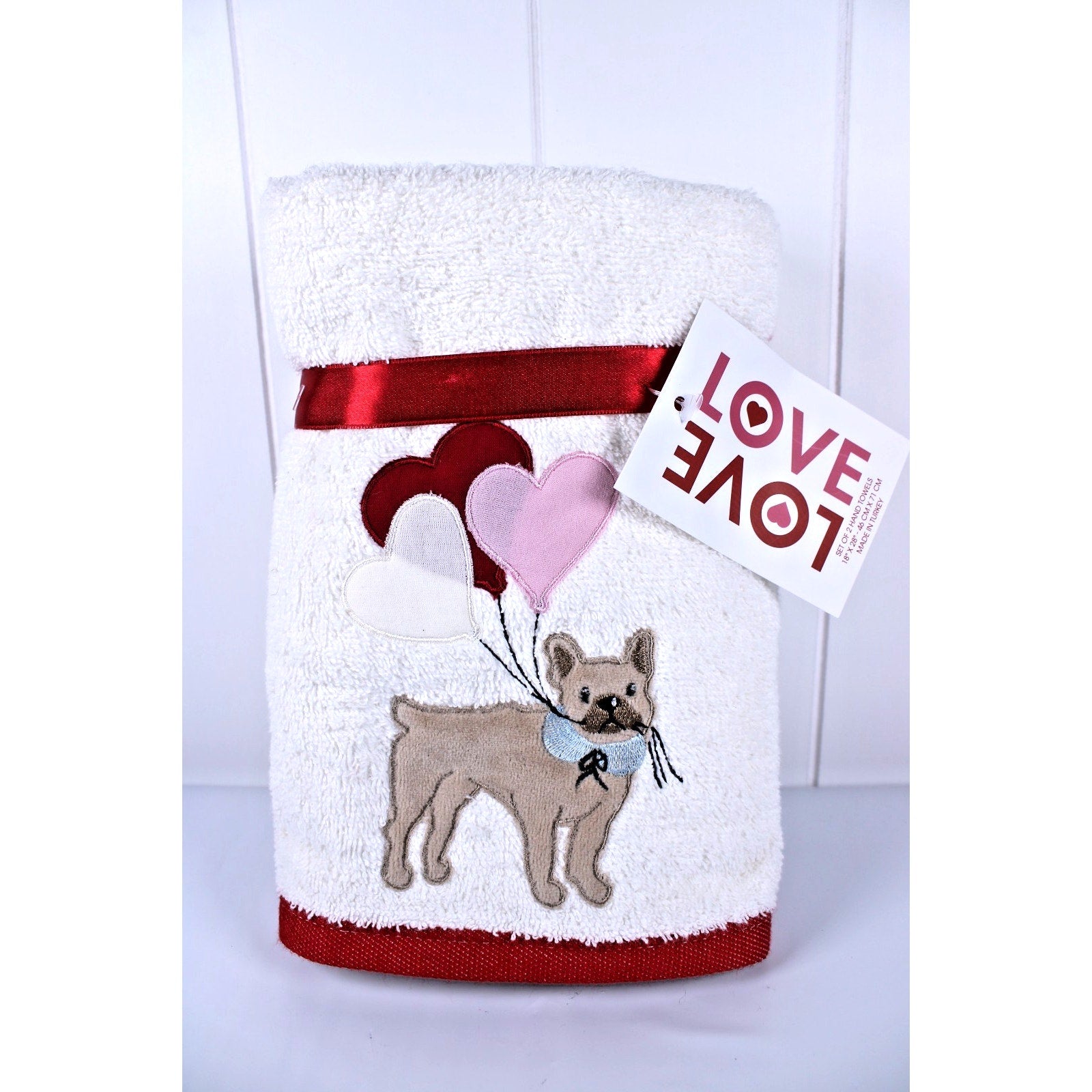 Set of 2 Hand Towels Bull Dog Valentine’s Day Love Heart Balloons Made in Turkey