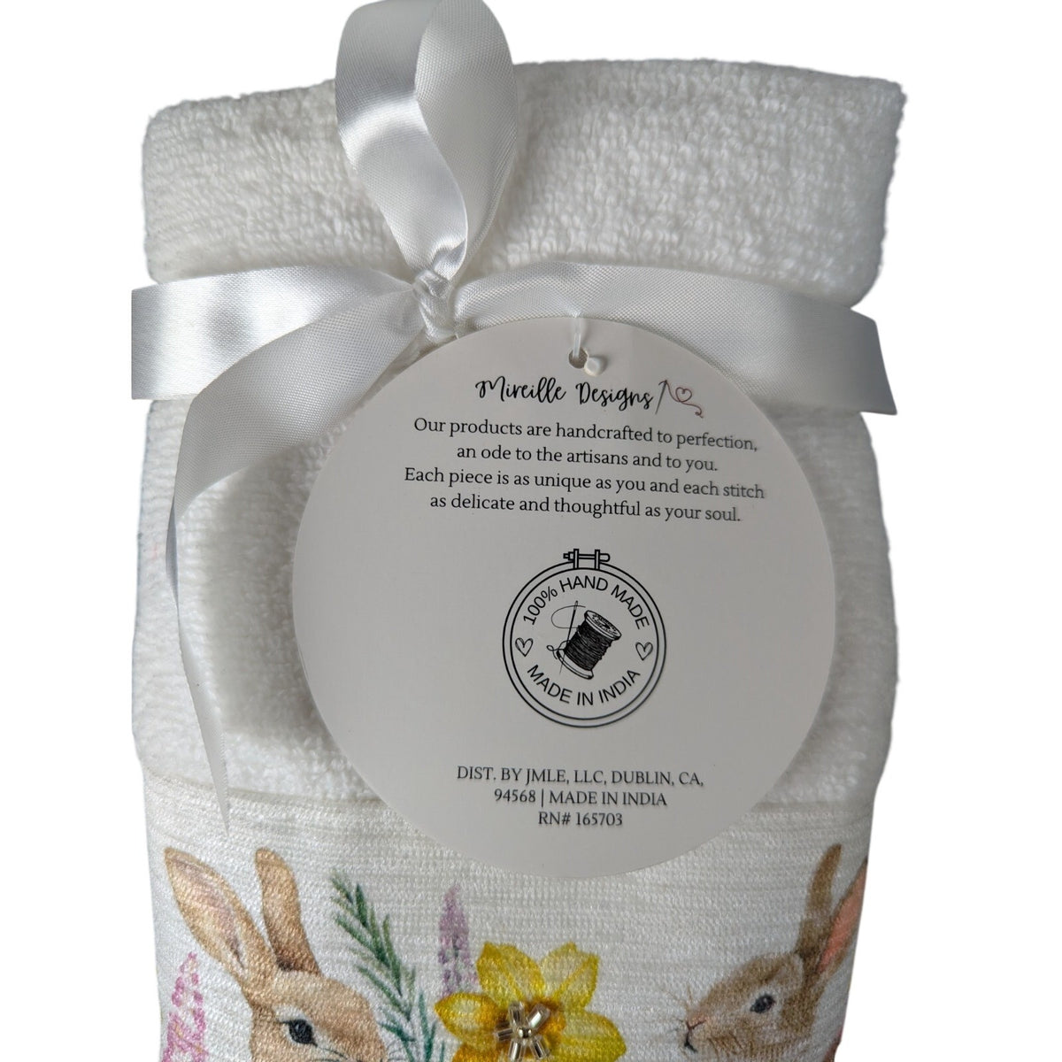 Happy Easter Spring Beaded Bunny Floral Hand Towels Set of 2, 16x28" 100% Cotton