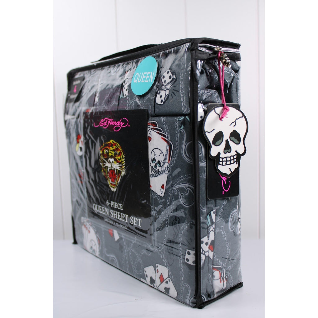 Ed Hardy 6 piece Queen Sheet Set Grey w/Cards &Tattoo Print with 4 Pillowcases