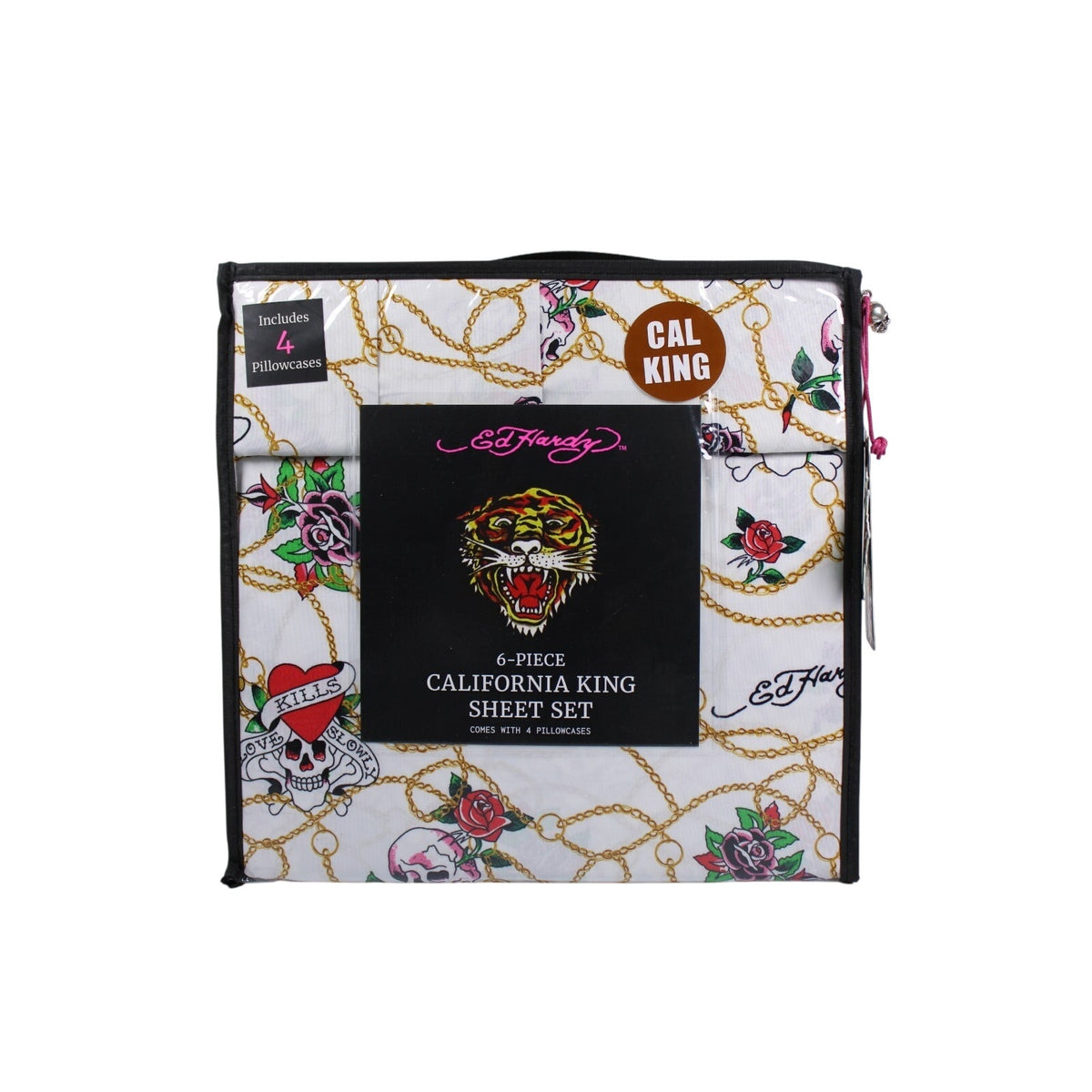 Ed Hardy White 6 pc Cal King Sheet Set Skulls Roses Tattoo Print w/4 Pillowcases