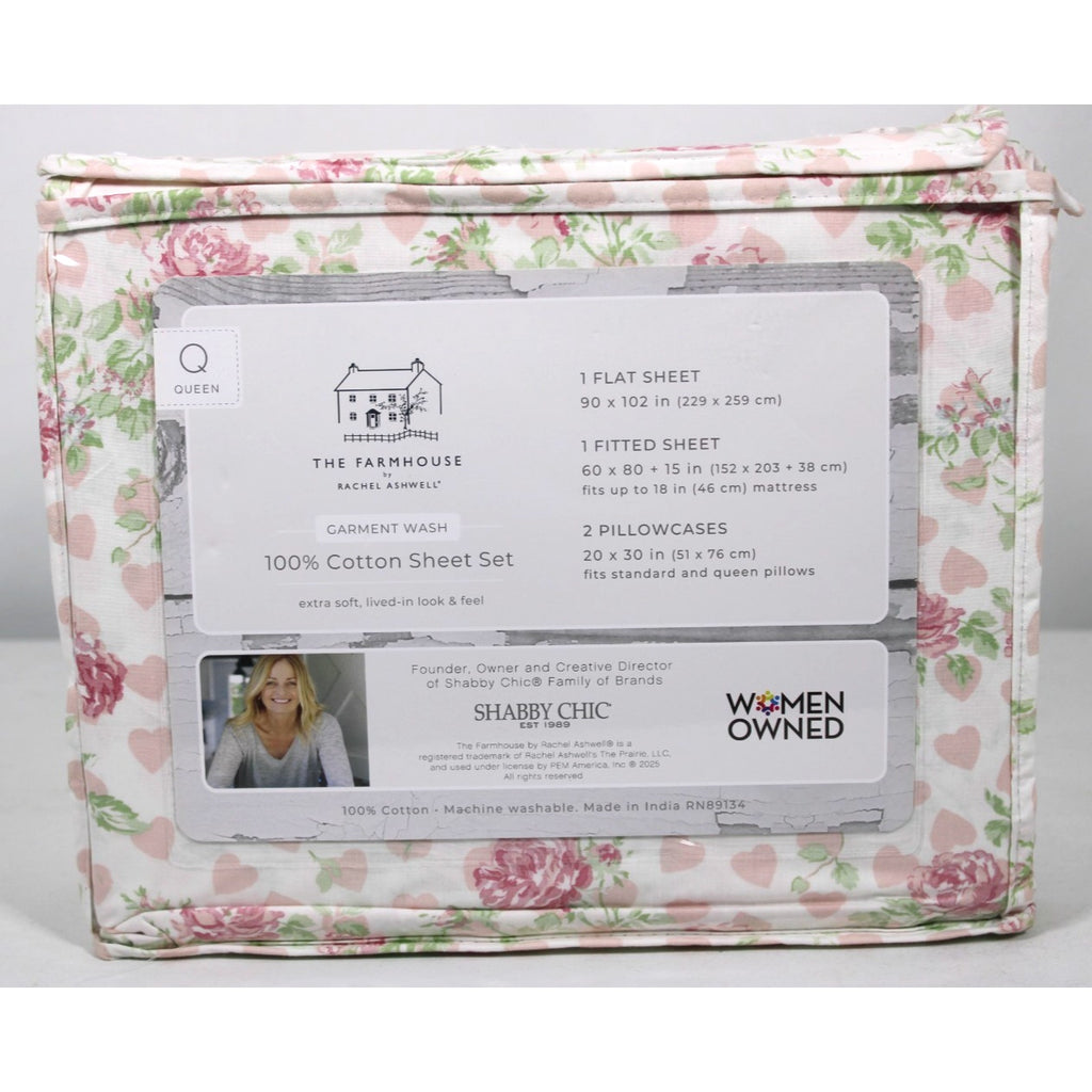 THE FARMHOUSE Rachel Ashwell 4 Pcs. White/Pink Queen Sheet Set Roses & Hearts