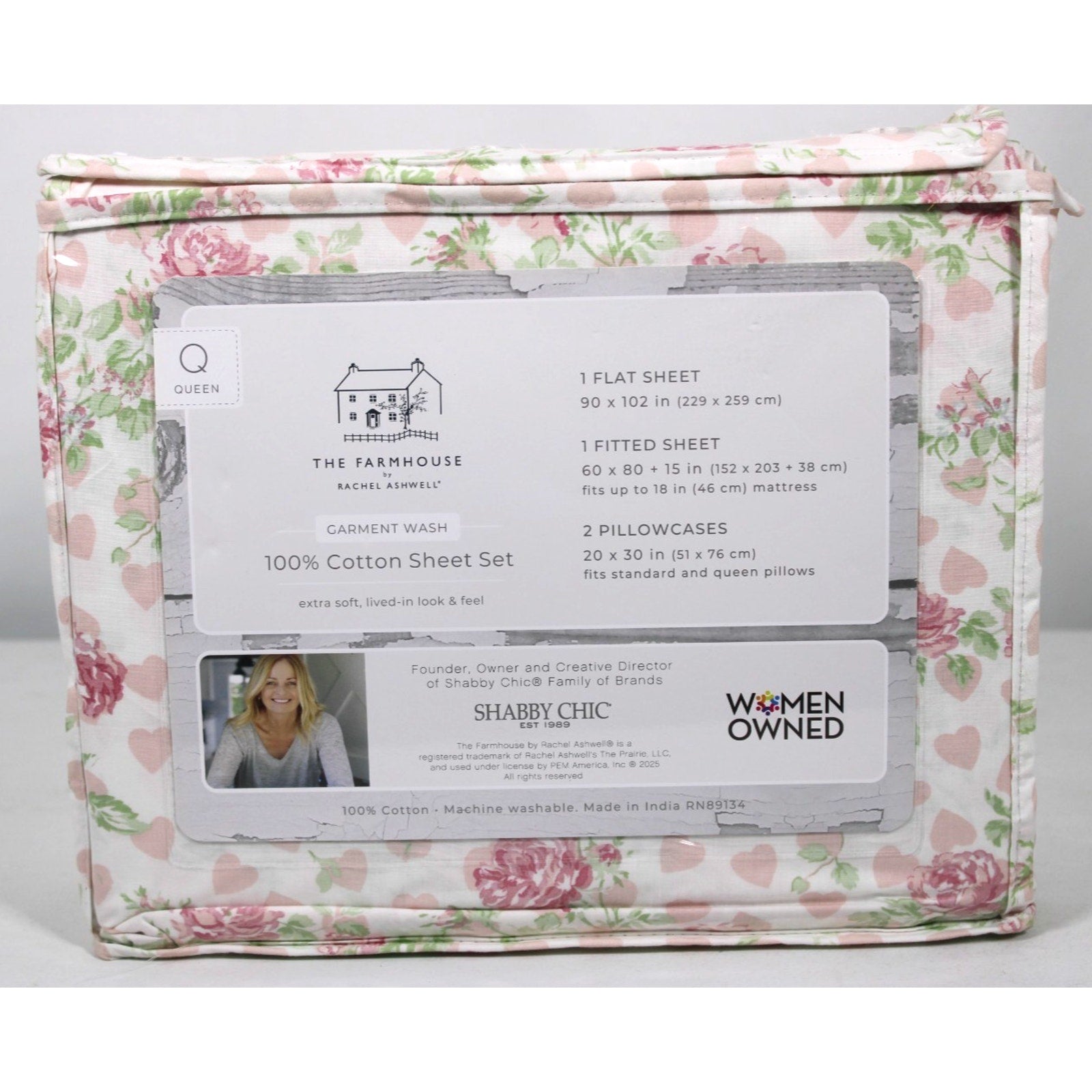 THE FARMHOUSE Rachel Ashwell 4 Pcs. White/Pink Queen Sheet Set Roses & Hearts