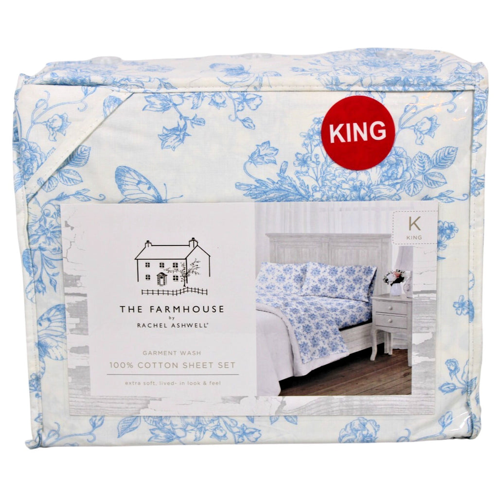 The Farmhouse Rachel Ashwell KING Sheet Set Blue Floral Cotton Shabby Chic 4pcs