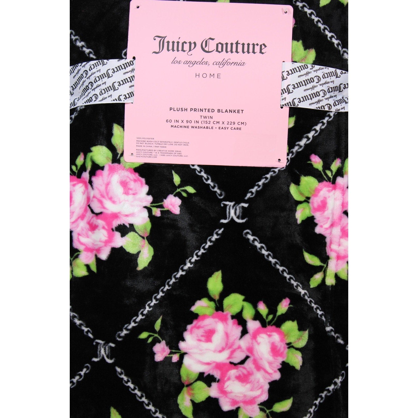 Juicy Couture Black W Pink Roses 60" x 90" Soft Plush Twin Blanket