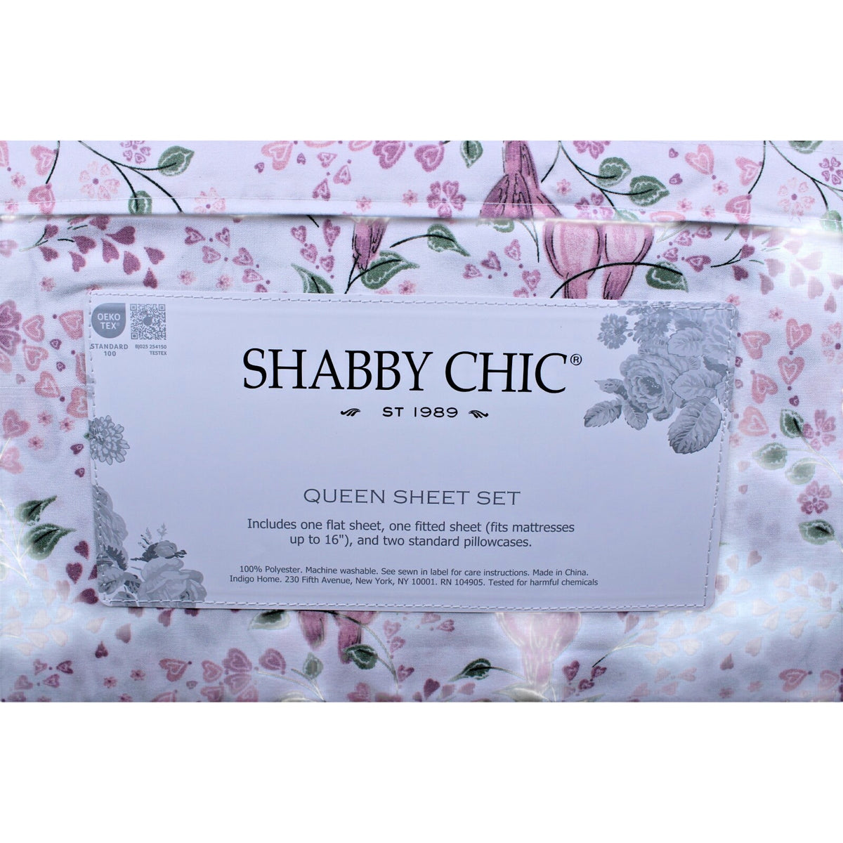 Shabby Chic Farmhouse Cottage Queen Sheet Set Pink and Mauve Lovebirds & Hearts