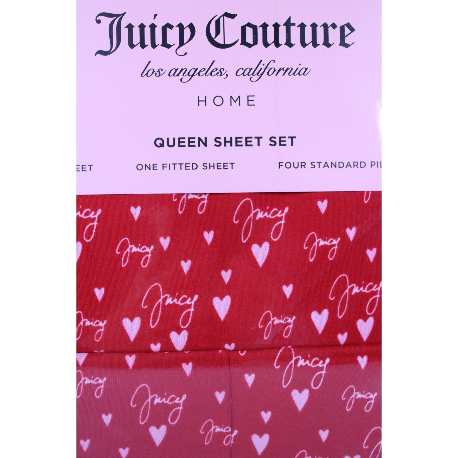 Juicy Couture Queen 6psc Bed Sheet Red, Juicy Logo, Hearts