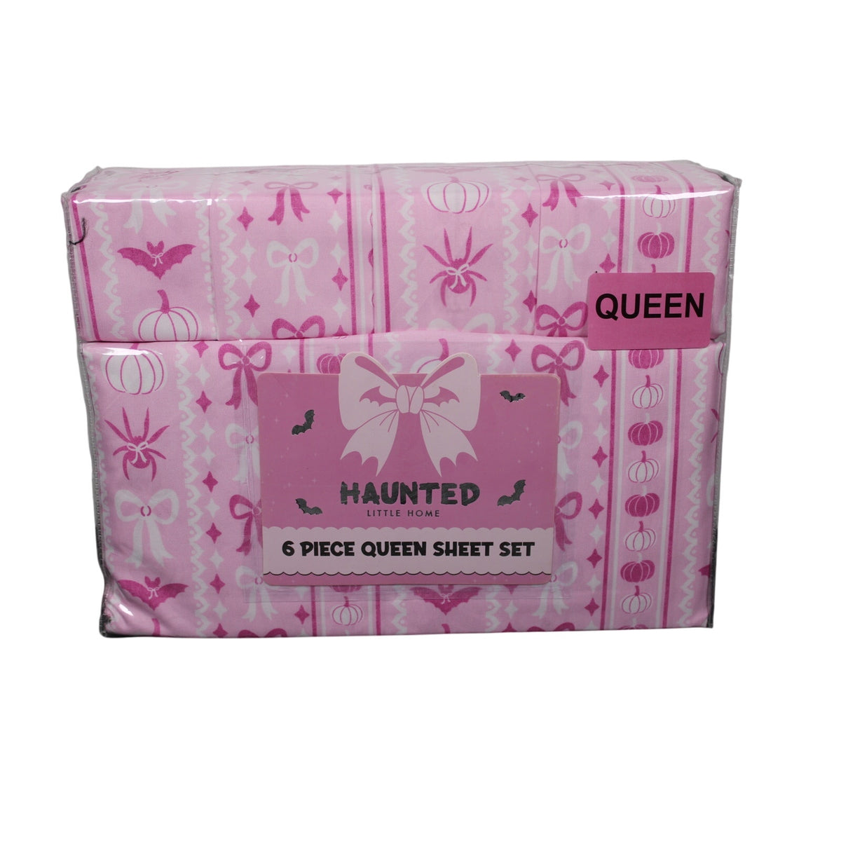 Haunted Little Home - Bats, Spiders, Bows, Pumpkins  QUEEN Sz 6 Piece Sheet Set