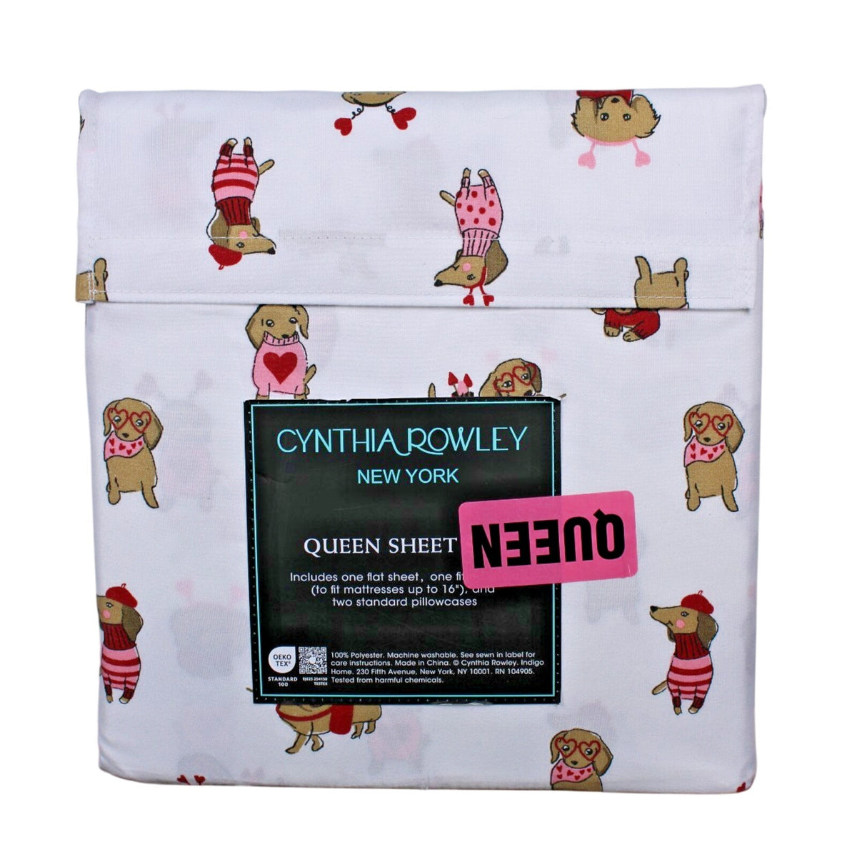 CYNTHIA ROWLEY Queen Sheet Set Weenie Dogs Valentines Hearts DACHSHUND