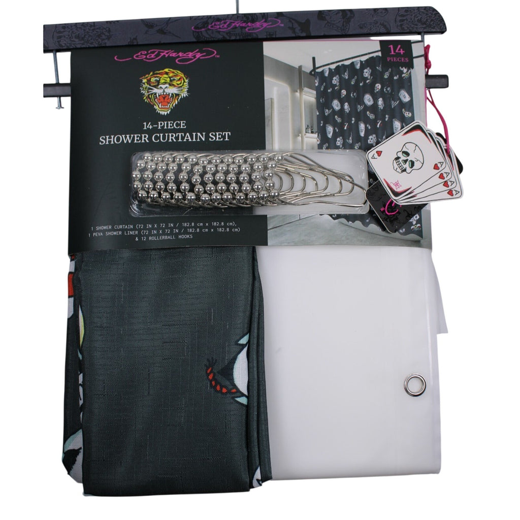 14-Pc Ed Hardy Skull POKER Cards Shower Curtain, Roller Ball Hooks, & Liner