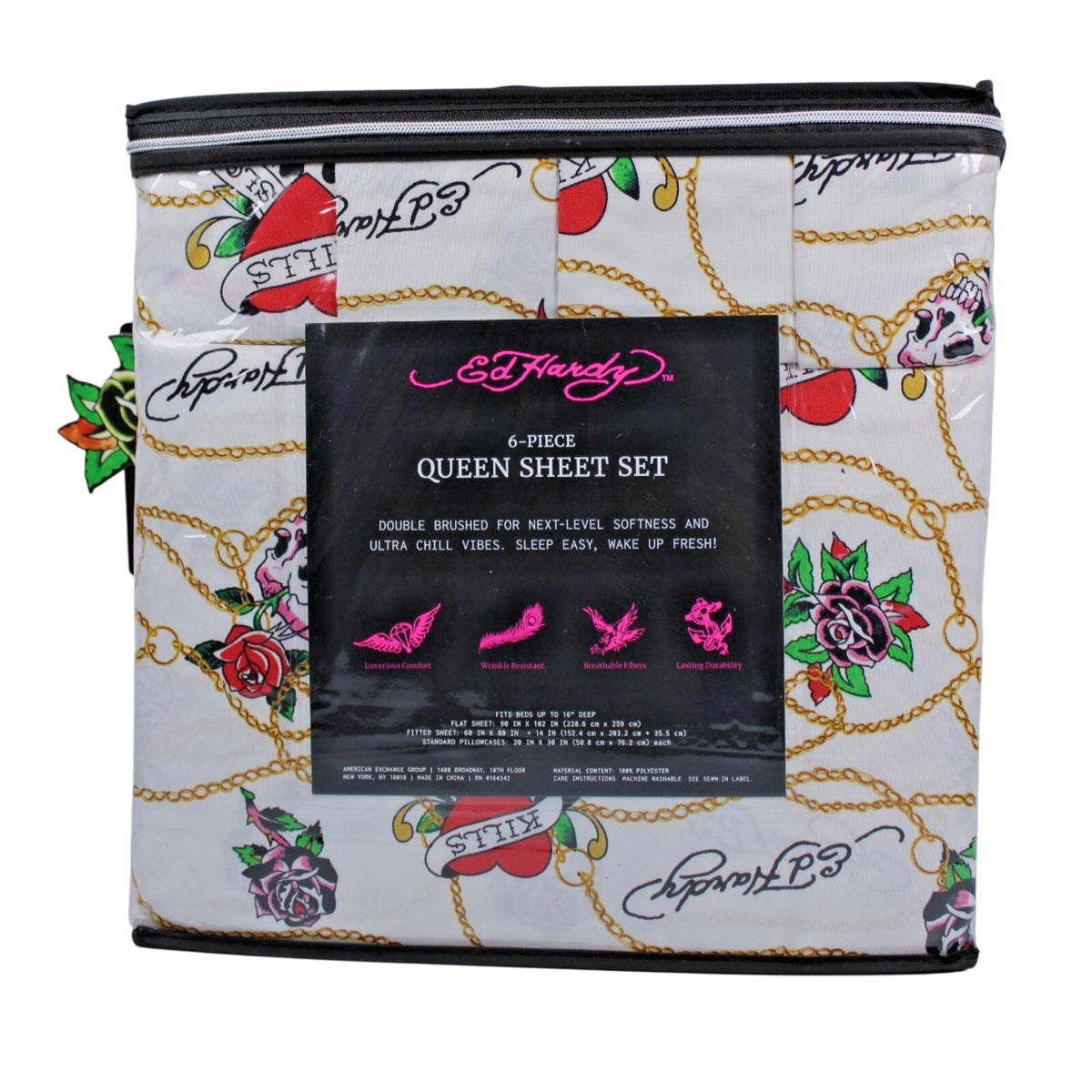 Ed Hardy White 6 pc Queen Sheet Set Skulls Roses Tattoo Print w/4 Pillowcases